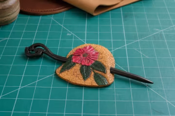 Leather Hair Barrette - Tan Pink Flower