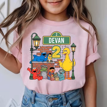 Personalized Street Sign Birthday Shirt, Custom Name and Age White Tee, Monster Friends Theme Party Outfit, Sesame Street Birthday Shirt