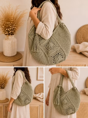 Sage Green Crochet Shoulder Bag, Floral Granny Square Paper Yarn Tote, Boho Tassel Bag