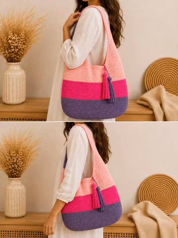 Handmade Color Block Crochet Shoulder Bag, Pink Purple Paper Yarn Hobo Tote