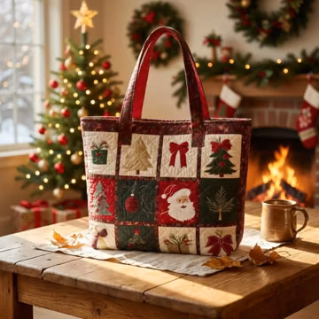 Christmas Print Quilted Tote Bag, Holiday Snowman Shoulder Bag, Winter Gift Tote, Christmas Market Bag, Gift Her Christmas