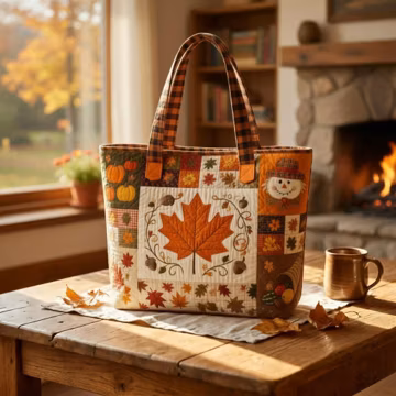 Autumn Print Quilted Tote Bag, Holiday Fall Shoulder Bag, Autumn Gift Tote, Gift Her Halloween