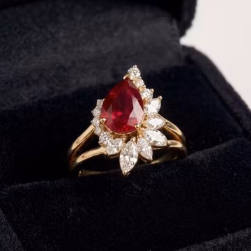 Cluster Halo Wedding Ring, Pear Cut Red Ruby Proposal Ring, Gold Bridal Ring, Prong Setting Split Shank Engagement Ring, Wedding Jewelry