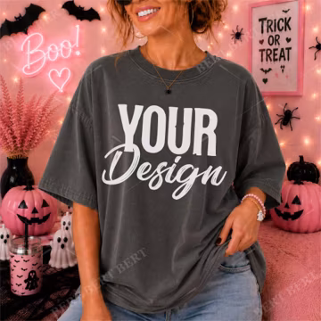 Comfort Colors 1717 Pepper Tee, Halloween Shirt Mockup, Fall CC 1717 T-Shirt Photo, Trendy Lifestyle Model JPG Image, Garment Dyed Tee Mock