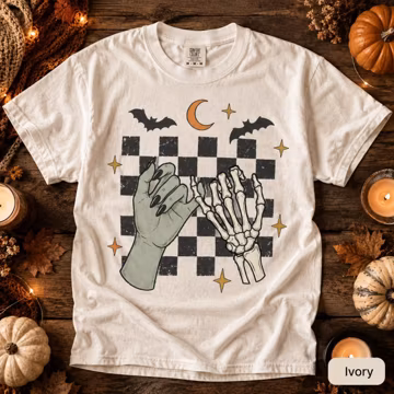 Pinky Promise Halloween PNG | Witch Hand Skeleton Sublimation Design | Spooky Checkered Background Graphic Tee | Digital Download DTF
