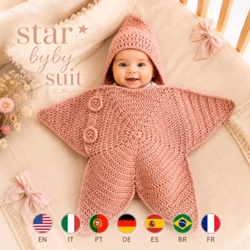 Star Baby Suit Crochet Pattern PDF, Hooded Baby Bunting Wrap, Star Costume, Visual Guide, 7 Languages