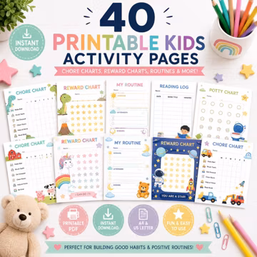 Kids Reward Chart Bundle | 40 Printable Behavior Charts | Chore Chart, Morning Routine, Potty Training, Reading Log PDF