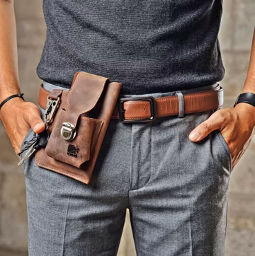 Leather Phone Holster Belt Pouch, Crazy Horse Leather Waist Bag with Key Hook, Handmade EDC Organizer