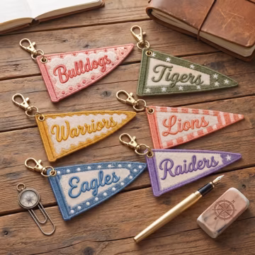 Custom Varsity Mascot Pennant, Embroidered Felt Keychain, Personalized School Team Charm, Cute Game Day Bag Tag