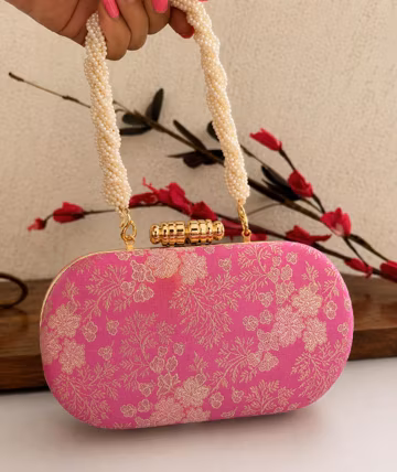 Pink Floral Clutch Purse, Pearl Handle Evening Bag, Wedding Clutch, Bridal Handbag, Elegant Party Purse for Women