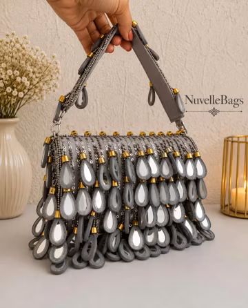 Grey Beaded Handbag with Teardrop Embellishments, Crystal Evening Clutch, Elegant Wedding Purse, Statement Party Bag, Handmade Gift