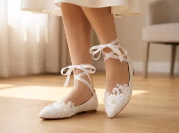 Ivory Lace Bridal Flats with Pearl Details, Pointed Toe Wedding Shoes, Ribbon Ankle Tie Ballet Flats, Comfortable Bride Shoes