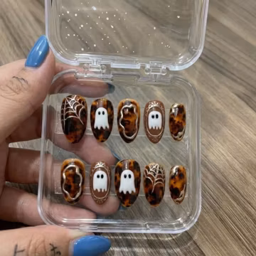 Halloween Ghost Press On Nails with Tortoiseshell, Spider Web Design, Cute Handmade Autumn Nail Set
