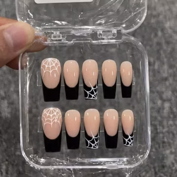 Black French Tip Press On Nails, Spider Web Design, Halloween Gothic, Handmade Reusable Nail Set