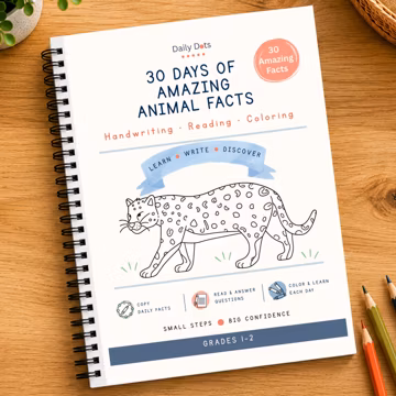 Animal Facts Copywork Workbook | Handwriting & Reading Comprehension | Grades 1-2 | 30 Day Printable