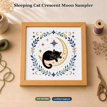 Sleeping Cat Crescent Moon Sampler Cross Stitch Pattern | PDF Digital Download