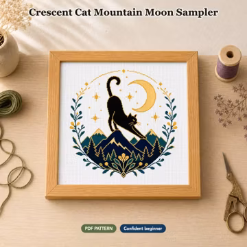 Crescent Cat Mountain Moon Sampler Cross Stitch Pattern | PDF Digital Download