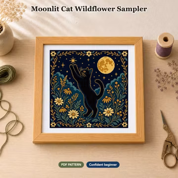 Moonlit Cat Wildflower Sampler Cross Stitch Pattern | PDF Digital Download