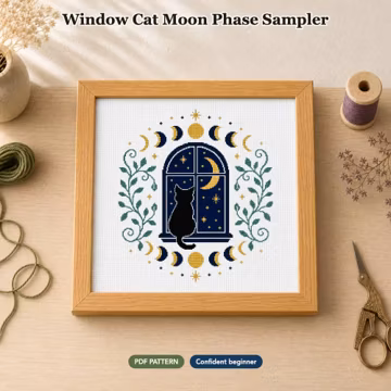 Window Cat Moon Phase Sampler Cross Stitch Pattern | PDF Digital Download
