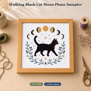 Walking Black Cat Moon Phase Sampler Cross Stitch Pattern | PDF Digital Download
