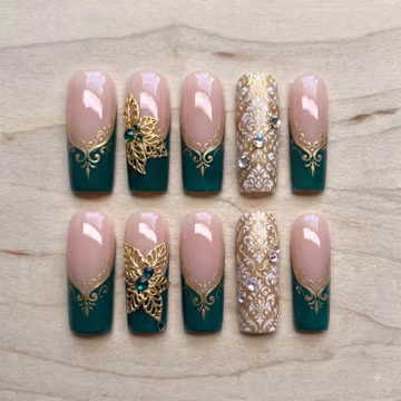 Emerald Green Press On Nails, Gold Filigree French Fake Nails, Vintage Damask 3D Flower Rhinestone Glue On Nails, Reusable Luxury Gel Nails