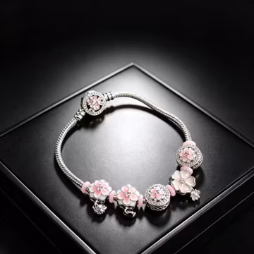 Premium Pink Sakura Enamel DIY Snake Bone Bracelet Adjustable Zircon Floral Charm Bracelet Gift For Women