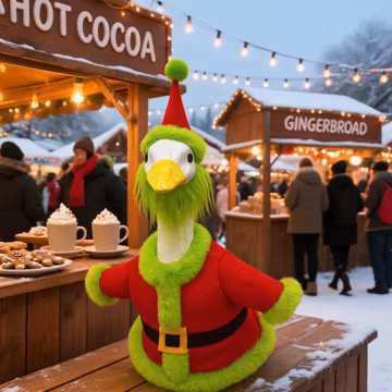 eccentric green-haired quirky yard outfit, Porch goose costume, Santa Claus,holiday porch decorations.