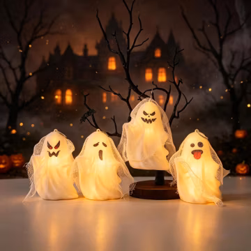 4 Styles Mesh Ghost Hanging LED Lights, Cute Spooky Ghost Lantern Ornaments, Halloween Tree Decor Indoor Party Tiered Tray Decor Gift