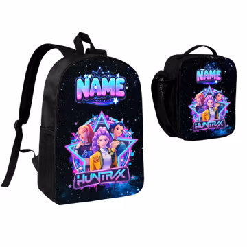 Personalized K-Pop Hero Backpack and Lunch Bag Set, Custom Name Galaxy School Bundle, Neon Music Girl Bookbag and Insulated Lunchbox