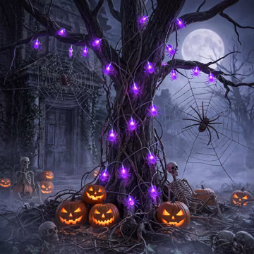 Purple Spider String Lights, Halloween Spider Web Fairy Lights, Spooky Room Decor