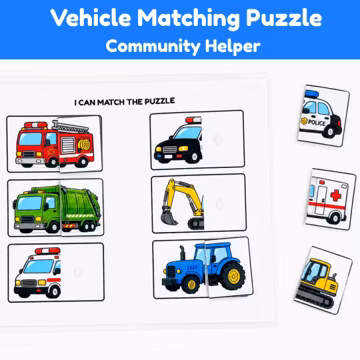 Community Helper Vehicle Matching Puzzle | Printable Toddler Activity | Preschool Transportation Game | Busy Book PDF