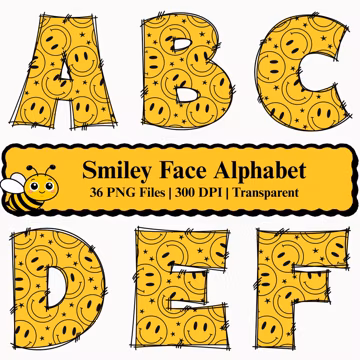 Smiley Face Alphabet PNG A-Z | Retro Yellow Letter Clipart Bundle | Sublimation Digital Download