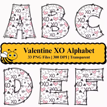 Valentine XO Alphabet PNG A-Z | Hearts Doodle Letter Clipart Bundle | Romantic Sublimation Download