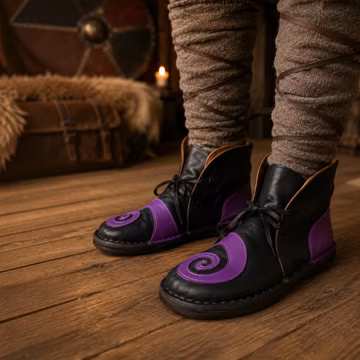 Handmade Viking Leather Boots | Black Purple Spiral Renaissance Shoes |Hand Stitched Medieval Ankle Boots for Fantasy Cosplay | LARP & Bards