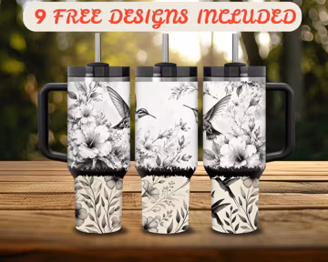 Hummingbird 40 oz Tumbler Wrap PNG, Black White Floral Bird Design, Distressed 40 oz Sublimation, Hummingbird Art