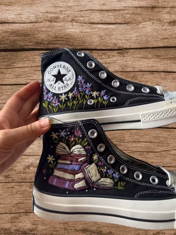 Hand Embroidered Book Lover High Top Sneakers, Literary Floral Art Shoes