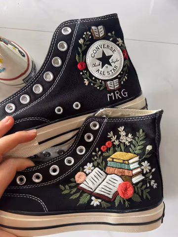 Hand Embroidered Book Lover High Top Sneakers, Literary Floral Art Shoes