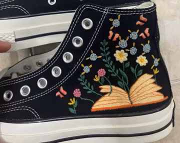 Hand Embroidered Book Lover High Top Sneakers, Literary Floral Art Shoes