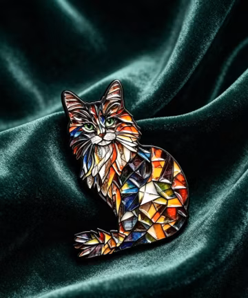 Mosaic Kitty Badge, Colorful Feline Art Lapel Pin,Stained Glass Cat Enamel Pin