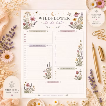 Wildflower To Do List Planner Page, Botanical Digital Journal Printable Checklist, Floral Productivity Daily Cottagecore Download PDF JPG