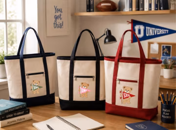 College Pennant Bear Tote Bag, Personalized University Graphic Canvas Bag, Custom School Spirit Tote, College Student Gift, Cute Bear Bag