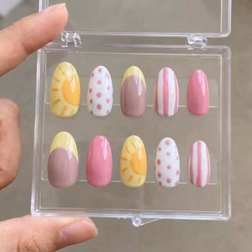 Summer Press On Nails, Pink Yellow Sunshine Nail Art, Cute Cottagecore Manicure, Vacation Gift