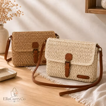 Woven Straw Crossbody Bag, Crochet Shoulder Purse, Boho Summer Handbag