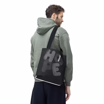 HOPE with Peace Finger Tote Bag | Black Typographic Tote