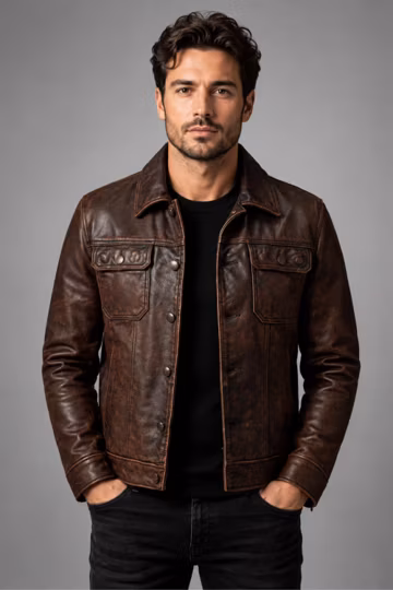 Men's Brown Leather Jacket, Vintage Motorcycle Jacket, Genuine Leather Trucker Jacket, Classic Casual Coat, Handmade Leather Outerwear