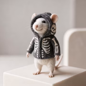 Needle Felted Mouse in Skeleton Hoodie, Cute Halloween Felt Animal Figurine, Whimsical Spooky Season Decor, Miniature Mouse Lover Gift