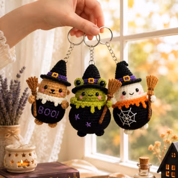 Halloween Crochet Keychain Set, Witch Bear Keychain, Frog Witch Keychain, Ghost Keychain, Handmade Halloween Bag Charm, Spooky Gift