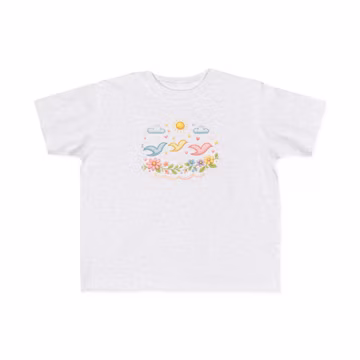 Pastel Bird Kids T-Shirt, Embroidery Style Floral Tee, Cute Nature Shirt