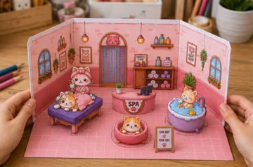 Printable Paper Cat Spa Playset | Cute Kitty Spa Dollhouse | DIY Paper Craft Kit | Instant Download PDF | Kids Printable Activity