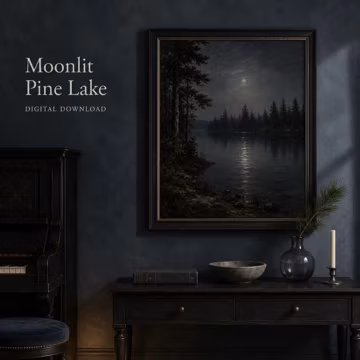Moonlit Pine Lake Printable Wall Art, Moody Lake Landscape Decor, Nocturne Nature Digital Download